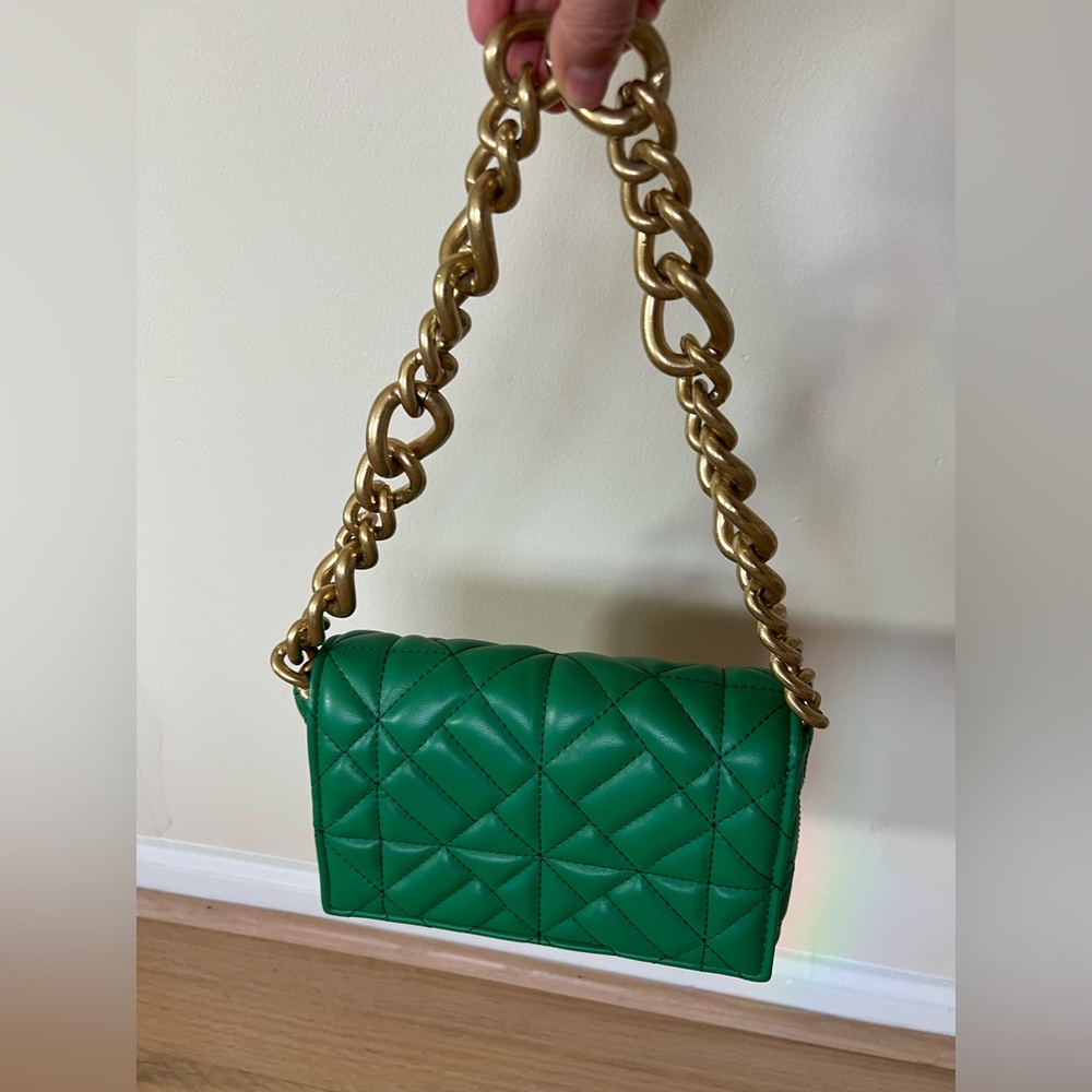 Zara Green Quilted Shoulder Bag with Gold Chain
